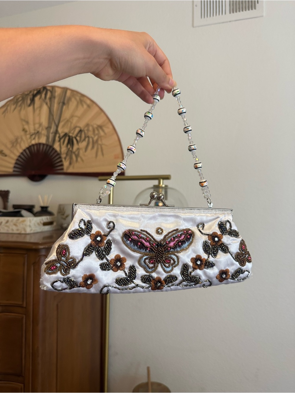 Embellished White Satin Butterfly Beaded Handbag